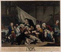 A paralysed old man being comforted and nursed by his children. Coloured line engraving by J.J. Flipart, 1767, after J.-B. Greuze.