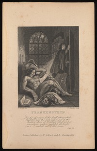 Victor Frankenstein observing the first stirrings of his creature. Engraving by W. Chevalier after Th. von Holst, 1831.