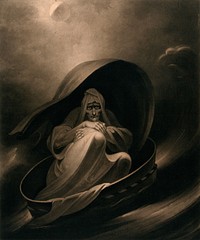 A witch surfing on a sieve. Mezzotint by C. Turner, 1807, after J.J. Halls.