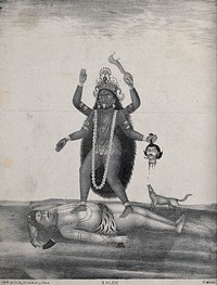 Kali standing on Shiva with a howling dog. Lithograph.