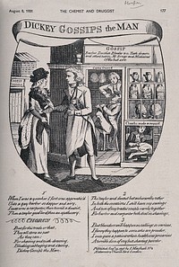 The shop of a tooth-drawer, barber, apothecary and blood-letter called "Dickey Gossip", with a song about him. Process print, 1931, after an etching, 1795.