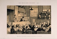 A convicted thief stands on trial in a packed law court while his sister weeps. Etching by G. Cruikshank, 1848, after himself.
