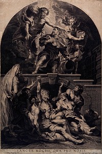 Saint Roch, named by Christ as patron of plague-victims; below, people suffering from plague. Engraving by P. Pontius, 1626, after Sir P.P. Rubens.