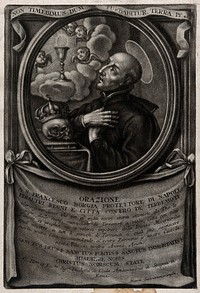 Saint Francis Borgia interceding against earthquakes; cherubim and the Eucharist above. Mezzotint, 17--.