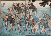Blind men fording a stream. Coloured woodcut by K. Hokusai, 1849 .