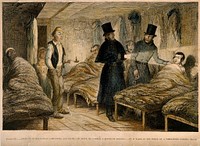 Police raid a lodging house at night and arrest a convicted thief. Coloured etching by G. Cruikshank, 1848, after himself.