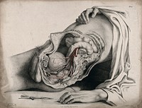 The circulatory system: dissection of the abdomen and pelvic region of a man, side view, showing the intestines and bladder, with the arteries indicated in red. A surgical instrument is shown below. Coloured lithograph by J. Maclise, 1841/1844.