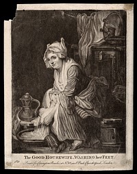A woman washing her feet. Mezzotint.