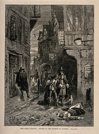 Two men discovering a dead woman in the street during the great plague of London. Wood engraving by J. Jellicoe after H. Railton.
