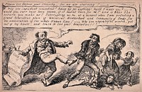 A man who claims to be a philanthropist kicks out at a starving family who have asked for help. Process print after G. Cruikshank, 1848.