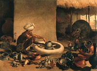 A potter at work, with all the various utensils made surrounding him. Coloured stipple engraving by J. Wright after A.W. Devis.