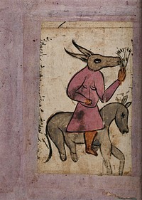 A man with a mule's head riding on a donkey. Gouache painting by an Indian artist.