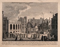 Bath, Somerset: bathers and onlookers in the courtyard containing the royal baths and great pump room, with a statue of King Bladud, founder of the baths. Engraving by W. Elliott after T. Robins.