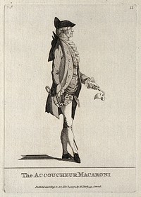 A foppish obstetrician with forceps in his pocket. Etching, 1772.