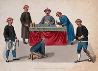 A Chinese man with bound hands, surrounded by a guard holding a chain and a guard holding a stick, is kneeling before a magistrate seated at his desk and his two assistants. Coloured stipple print by J. Dadley, 1801.