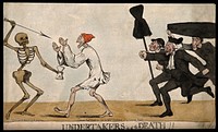 A man with closed eyes walking into a skeletal death figure, a group of anxious undertakers run after them. Coloured etching by R. Newton, 1794, after himself.