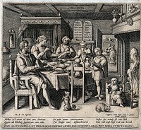 A family sitting round the dinner table, the mother serving food, the father making an authoritative gesture towards his praying son, the two daughters sit next to the mother while the youngest child is fed next to the fire place; representing Concord. Engraving by C. de Passe after M. de Vos.