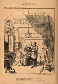 The sick tsar Alexander III attended by Pobedonostsev, head of the Russian Orthodox church, Tolstoy and the mascot of the French republic; representing the difference between Russia's internal problems and the enthusiasm of France following the Franco-Russian alliance. Reproduction of a lithograph by J. Braakensiek, 1891.