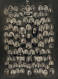 Aberdeen University: the Faculty of Medicine and medical class of 1897-1902, each in a roundel, head and shoulders. Process print, 1902.