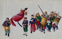 A procession with figures carrying swords and shields. Painting by a Chinese artist, ca. 1850.