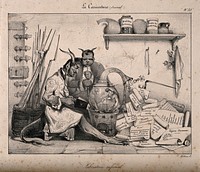 Two devils in a laboratory produce statutes with the help of a genie; showing the repressive nature of the government of France under Louis-Philippe, especially concerning the freedom of the press. Lithograph by E. Le Poittevin, 1831.