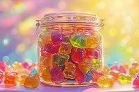 A colorful collection of homemade gummy candy in a jar confectionery food transparent.