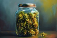 Dry medical cannabis buds in jar container freshness medicine.
