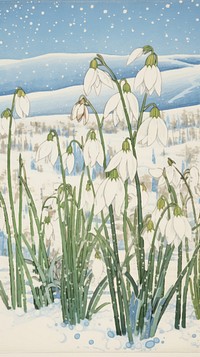Japanese wood block print illustration of snowdrop flower field outdoors nature plant.