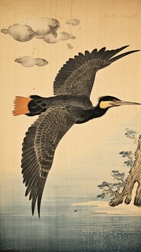 Japanese wood block print illustration of cormorant flying animal bird waterfowl.