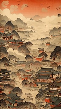 Japanese wood block print illustration of village in edo period tradition art spirituality.