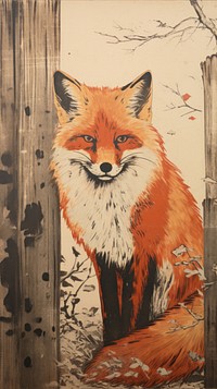 Japanese wood block print illustration of red fox painting animal mammal.