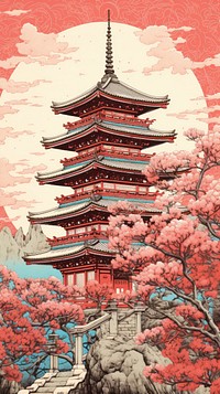 Japanese wood block print illustration of japanese temple architecture tradition building.