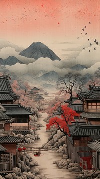 Japanese wood block print illustration of town architecture tradition landscape.