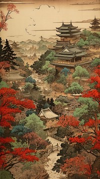 Japanese wood block print illustration of edo village architecture tradition landscape.