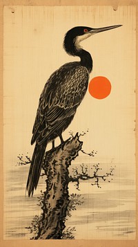 Japanese wood block print illustration of cormorant animal bird waterfowl.