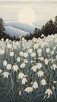 Japanese wood block print illustration of snowdrop flower field landscape outdoors nature.