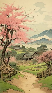 Japanese wood block print illustration of countryside architecture landscape outdoors.