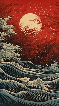 Japanese wood block print illustration of hurricane painting nature ocean.