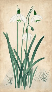 Japanese wood block print illustration of snowdrop flower plant amaryllidaceae hymenocallis.