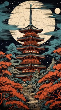 Japanese wood block print illustration of temple architecture tradition building.