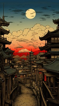 Japanese wood block print illustration of town tradition outdoors night.