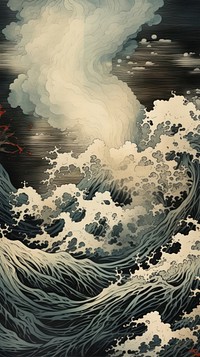 Japanese wood block print illustration of hurricane painting nature ocean.