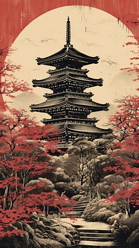 Japanese wood block print illustration of temple architecture building outdoors.