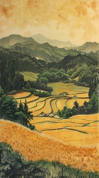 Japanese wood block print illustration of rice field agriculture landscape outdoors.