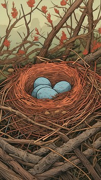 Japanese wood block print illustration of nest beginnings fragility outdoors.
