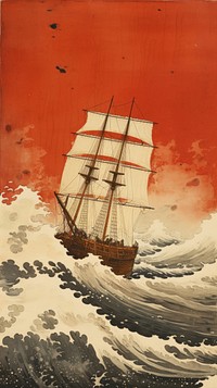 Japanese wood block print illustration of hurricane sailboat painting vehicle.