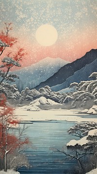 Japanese wood block print illustration of frozen lake landscape mountain outdoors.