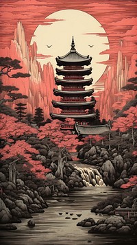 Japanese wood block print illustration of temple architecture tradition building.