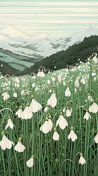 Japanese wood block print illustration of snowdrop flower field mountain outdoors nature.