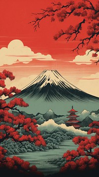 Japanese wood block print illustration of mount fuji mountain outdoors volcano.